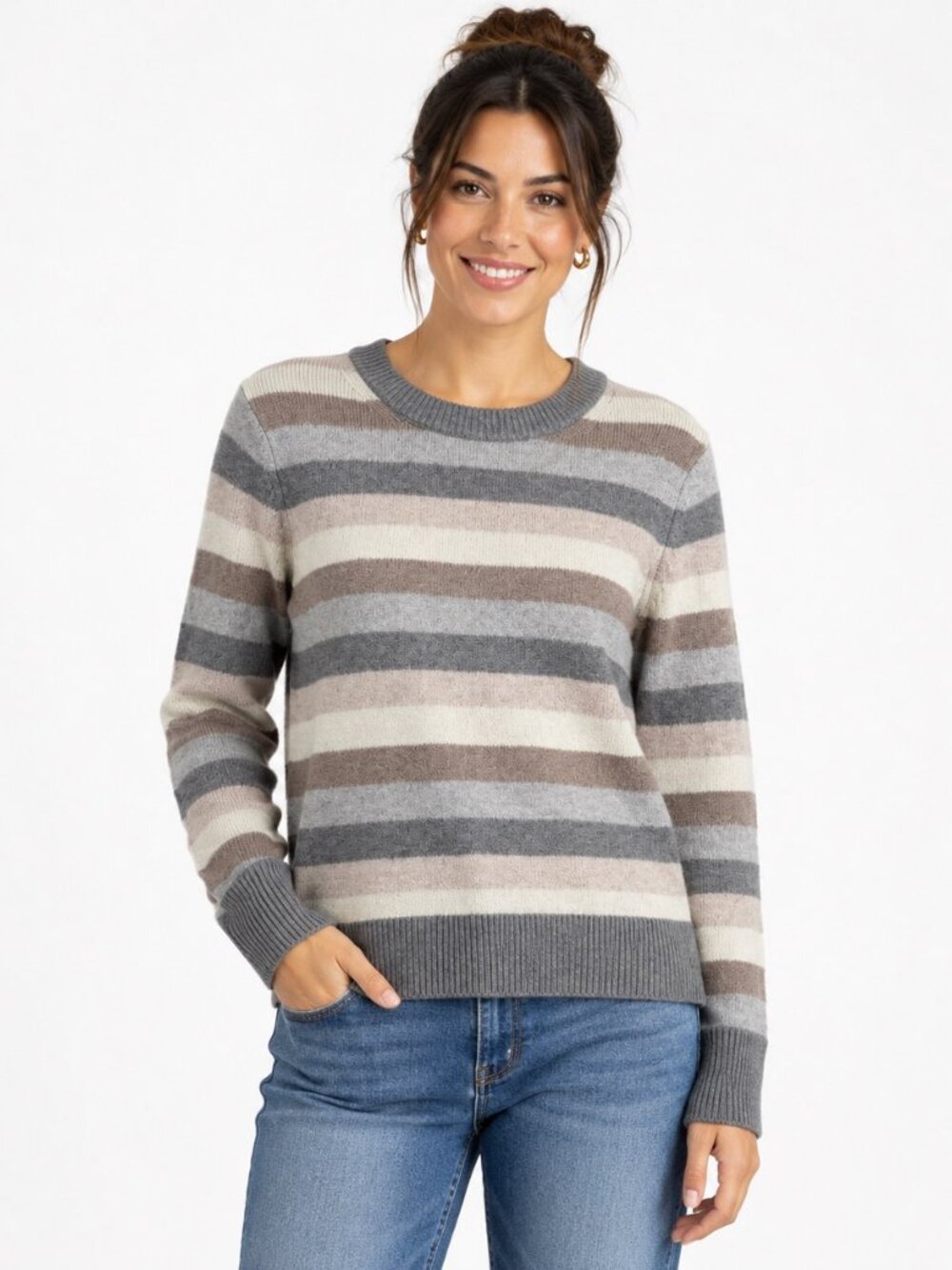 GAP Women’s Medium Striped Crewneck Sweater Gray Brown Cream Long Sleeve